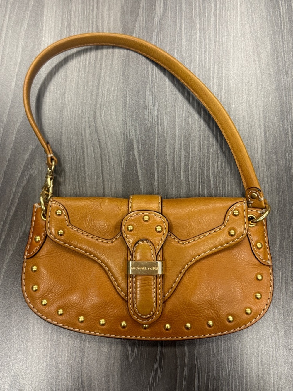 Michael Kors brown tan flap leather purse studded trim Shoulder Bag Clutch - Picture 1 of 13